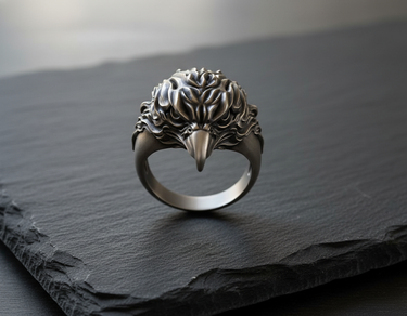 Front view of handcrafted 925 sterling silver eagle ring with detailed feathers on dark stone background
