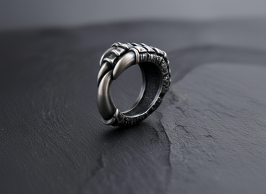 Angled shot of handcrafted silver bird talon ring showing open band design and detailed gothic metalwork