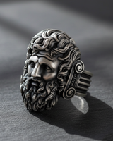 Angled perspective of handcrafted silver Zeus ring displaying Ionic column band details and intricate hair texture for men