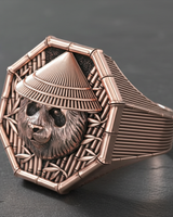 Rose gold plated silver panda ring showing detailed fur texture and geometric bamboo frame