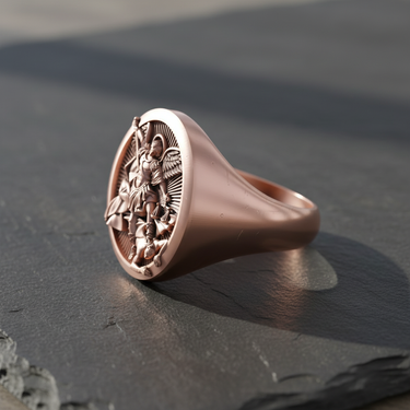 Rose gold St Michael signet ring angled to show the detailed craftsmanship of the wings and armor.