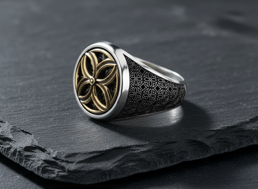 Side view of the Men's Silver Flower of Life Ring, showing the detailed geometric engraving on the oxidized silver band.