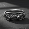 Detailed 925 sterling silver koi fish ring featuring Japanese carp swimming in waves on dark textured surface