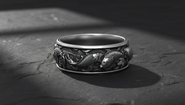 Detailed 925 sterling silver koi fish ring featuring Japanese carp swimming in waves on dark textured surface