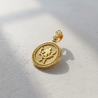 Gold vermeil Ophiuchus pendant showing serpent bearer figure on textured background