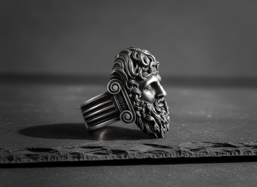 Side profile of sterling silver Jupiter ring highlighting architectural column design and high-relief sculptural craftsmanship