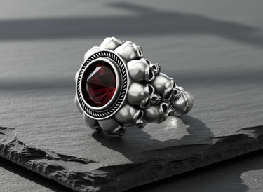 Side profile of the sterling silver skull ring showcasing the detailed, small skulls forming the band, with dramatic lighting.