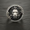 Close-up front view of 925 sterling silver royal lion ring featuring a detailed mane and stone halo setting