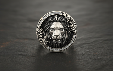 Close-up front view of 925 sterling silver royal lion ring featuring a detailed mane and stone halo setting