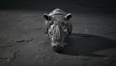 Top view of heavy silver rhinoceros ring highlighting the polished horn and rough skin texture on slate background