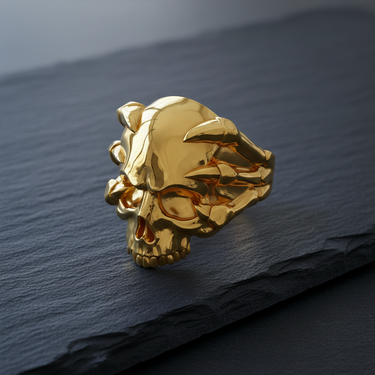 Golden variant of the skull clutch ring showcasing the detailed jaw and claw design on a dark slate surface
