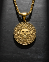 Detailed front view of pirate treasure coin necklace featuring skull and geometric glyphs