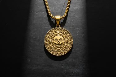 Detailed front view of pirate treasure coin necklace featuring skull and geometric glyphs