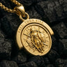 Gold vermeil Resurgent Knight pendant showing standing warrior and Fall Then Rise text on charcoal