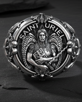 Front view of sterling silver Saint Uriel ring showing detailed angel relief and arched text engraving