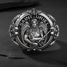 Front view of sterling silver Saint Uriel ring showing detailed angel relief and arched text engraving