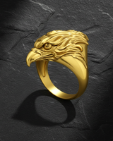 Angled perspective of eagle head ring highlighting 3D beak structure and textured plumage