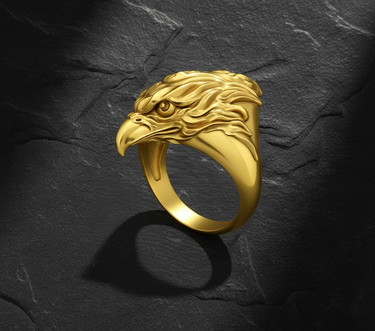 Angled perspective of eagle head ring highlighting 3D beak structure and textured plumage