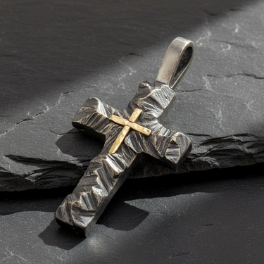 Angled view of handcrafted silver rustic cross pendant with gold vermeil center on dark slate background