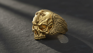 A 3/4 view of the skull cross ring design in a polished gold finish, highlighting the menacing expression and winged band.