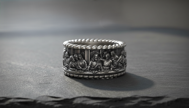 Detailed Silver Last Supper Ring showing Jesus and Apostles relief on dark slate background