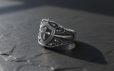 Front view of handcrafted 925 sterling silver cross shield ring on textured dark stone background