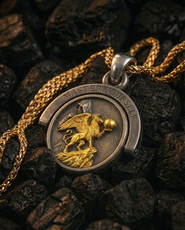 Front detail of the Silver Resurgent Knight Pendant with a gold-plated griffin holding a sphere, set on a dark silver coin.