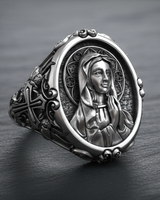 Handcrafted silver Virgin Mary ring with an oxidized finish, side profile highlighting the intricate baroque bezel.