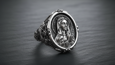 Handcrafted silver Virgin Mary ring with an oxidized finish, side profile highlighting the intricate baroque bezel.