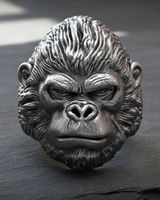 Front view of detailed 925 sterling silver gorilla ring featuring stern expression and textured fur on dark background