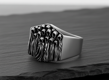 Close-up of the handcrafted Silver Ghost Ring detailing the oxidized finish inside the hollow hoods of the figures.