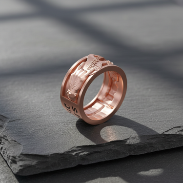 Rose gold variation of rock n roll guitar ring highlighting intricate musical motifs and craftsmanship