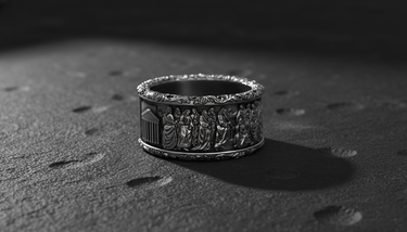 Angled shot of biblical silver ring featuring Saint Peter and Keys of Heaven scene with oxidized finish