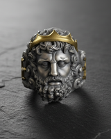 Front view of handcrafted 925 sterling silver Poseidon ring featuring a detailed bearded face and gold-plated crown