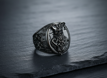 Side view of the sterling silver pirate skull ring showcasing the detailed wind rose and anchor design on the ornate band.
