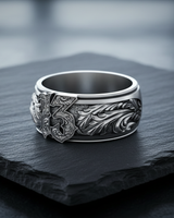 Handcrafted 925 sterling silver Lucky 13 ring featuring intricate baroque floral scrollwork on dark stone