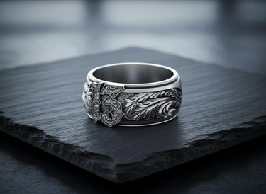 Handcrafted 925 sterling silver Lucky 13 ring featuring intricate baroque floral scrollwork on dark stone