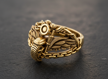 Gold vermeil motorcycle ring featuring bike front wings and chain band design on dark background