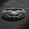 Front view of handcrafted 925 sterling silver baroque skull ring featuring rammed horns and acanthus leaves