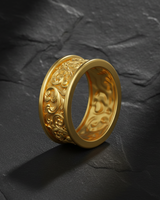 Gold variation of the baroque scroll ring displaying the intricate floral relief pattern and smooth rail edges