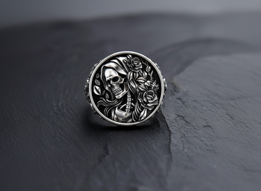 Front view of 925 sterling silver ring featuring a hooded skeleton skull surrounded by detailed blooming roses on black background
