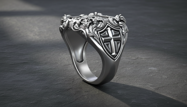 Angled view of heavy sterling silver knight ring with oxidized finish and intricate metal carving