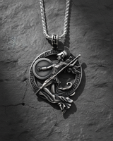 Oxidized 925 sterling silver Athena necklace hanging vertically showing Greek key border detail and chain