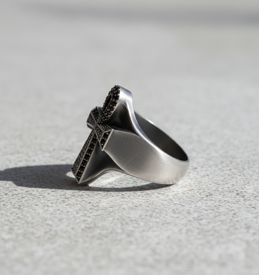 Side profile of sterling silver Egyptian cross ring highlighting thick band and durable craftsmanship