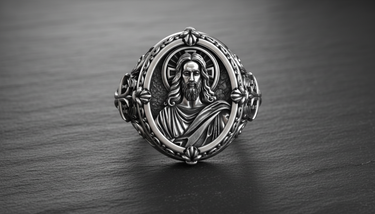 Front view of oxidized 925 silver Jesus signet ring displaying the sacred bust and halo details