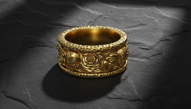 Gold variant of the skull and rose pattern ring showcasing intricate floral and memento mori design details