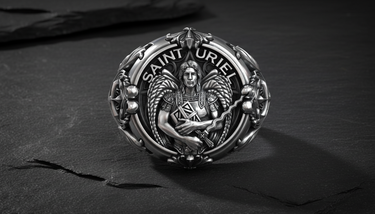 Front view of 925 sterling silver Saint Uriel ring featuring archangel relief with sword and text inscription
