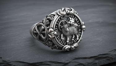 Silver Lamb of God ring showing the Agnus Dei and 'Ecce Agnus Dei' Latin inscription, resting on a dark slate surface.