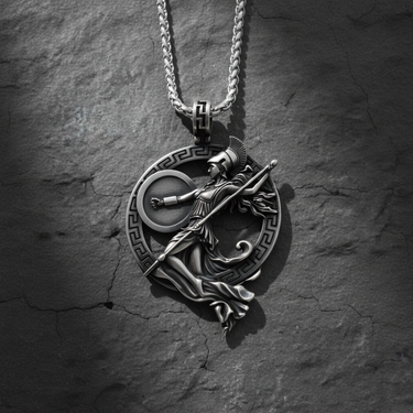 925 sterling silver Athena pendant with spear and shield detailing on dark textured background