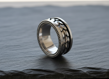 Close-up detail of dragon scales and spinner mechanism on premium sterling silver ring